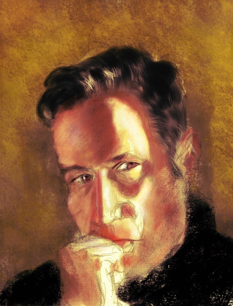 portrait of a man with his hand at his mouth